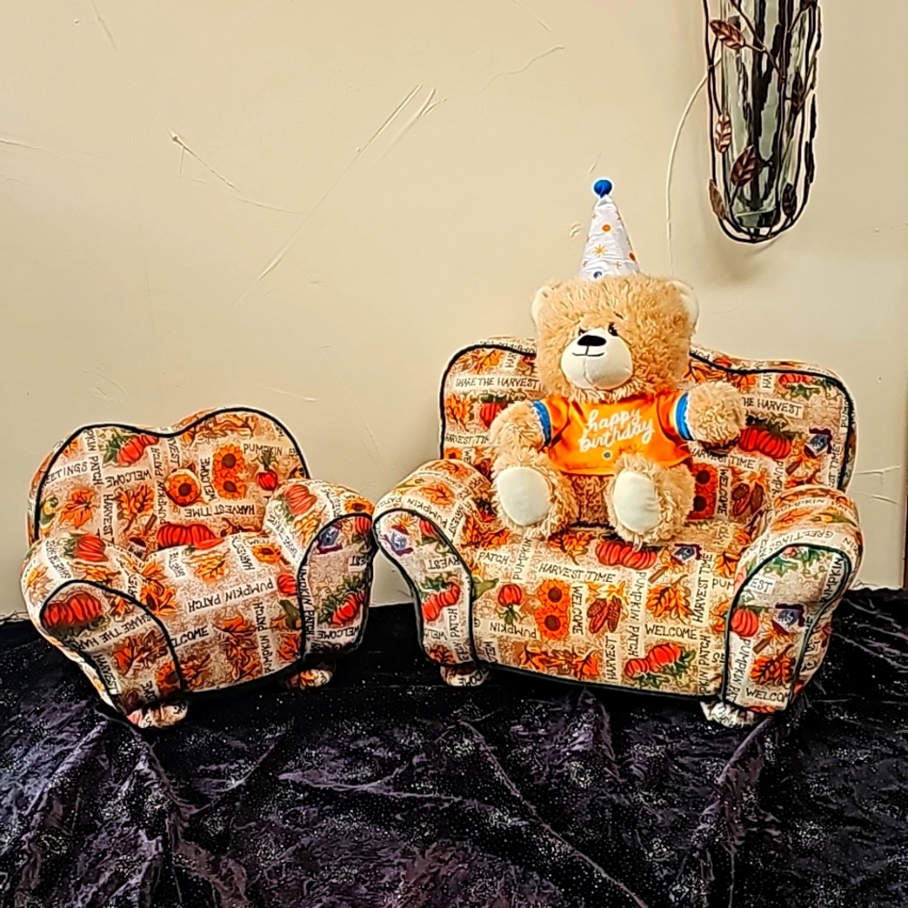 Doll toy size couch sofa loveseat 2 pieces set Harvest Pumpkin print decoration